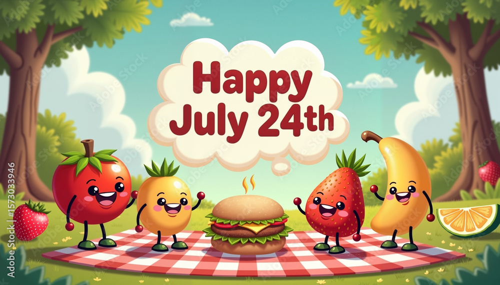 Fototapeta premium Happy July 24th picnic celebration with cute fruits and a burger in a cheerful outdoor setting