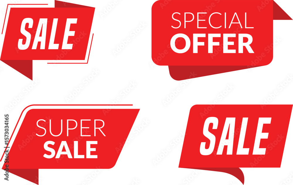 Vector art of four red and white sale banners with different promotional messages, perfect for creating eyecatching advertisements