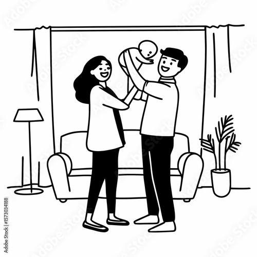 Family, parenthood and people concept. Happy young mother, father with new born baby at home