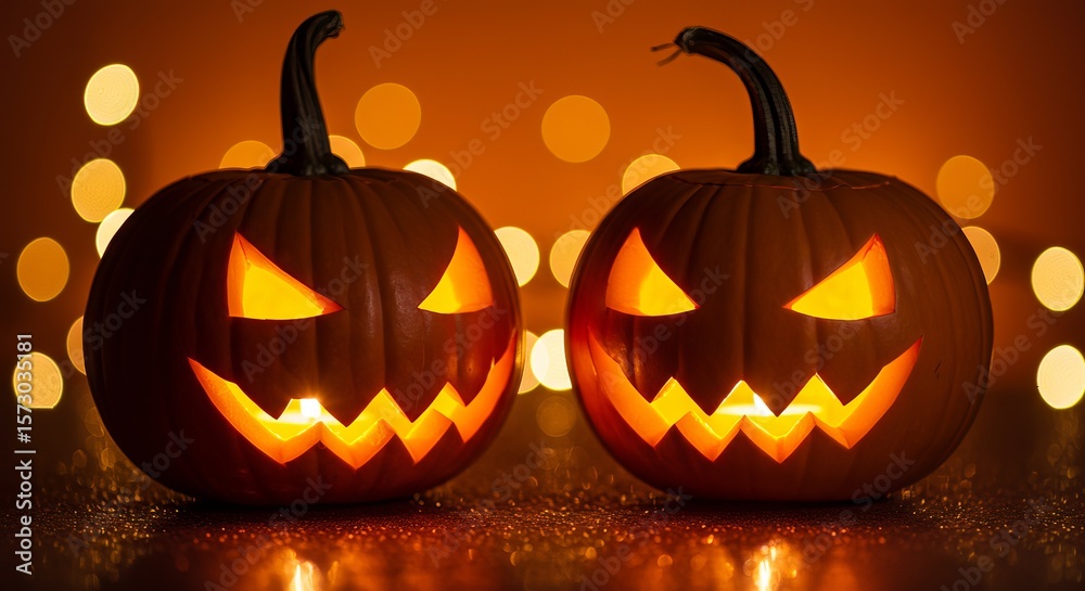 Fototapeta premium Two glowing jackolanterns sit against a blurred bokeh background