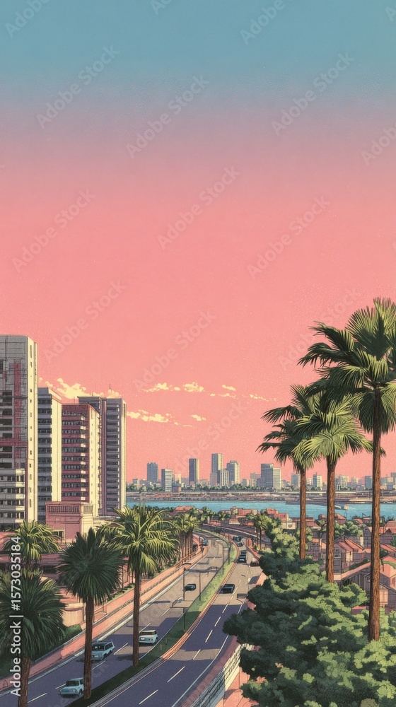 Obraz premium Stylized retro cityscape with palm trees and high-rise buildings under a vibrant pink and blue sky ideal for nostalgic summer visuals, vaporwave aesthetics and travel-themed poster designs