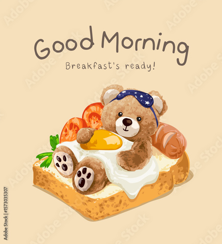good morning slogan with bear doll sleeping on breakfast bread vector illustration