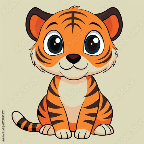 A cute cartoon tiger cub is sitting and looking at the viewer
