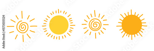 Hand-drawn sun icons set with spiral and ray elements. Cute doodle style in warm yellow tones. Summer clipart for kids, weather apps, seasonal design, or creative projects. Vector illustration