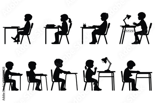 Children sitting at desks studying students chairs