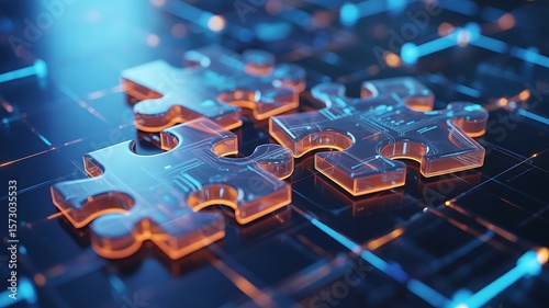 Transparent puzzle pieces with glowing circuits and blue light lines technology