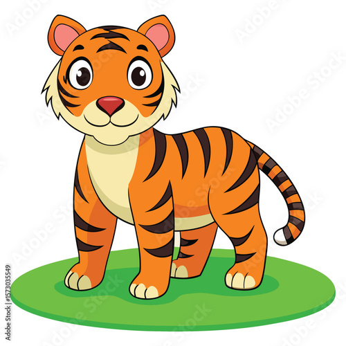 A cartoon tiger is standing on the grass and looking forward
