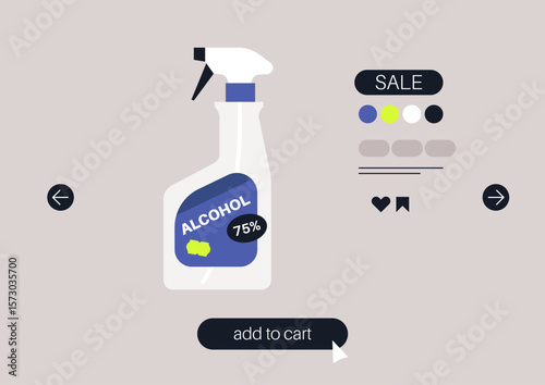 A sleek 75 percent alcohol spray bottle is featured prominently against a soft neutral backdrop, complemented by interactive buttons for shopping and promotional details guiding users