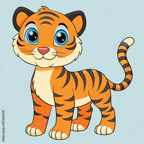A cute cartoon tiger is standing and looking at the viewer