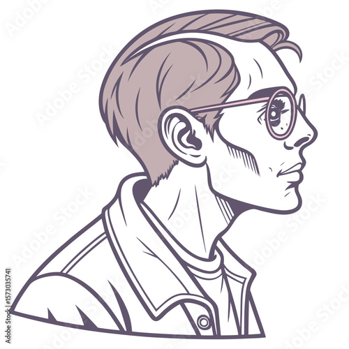 Stylized profile illustration of a young man with short swept back hair wearing round glasses and a collared jacket rendered in a clean modern graphic art style with muted purple and grey tones