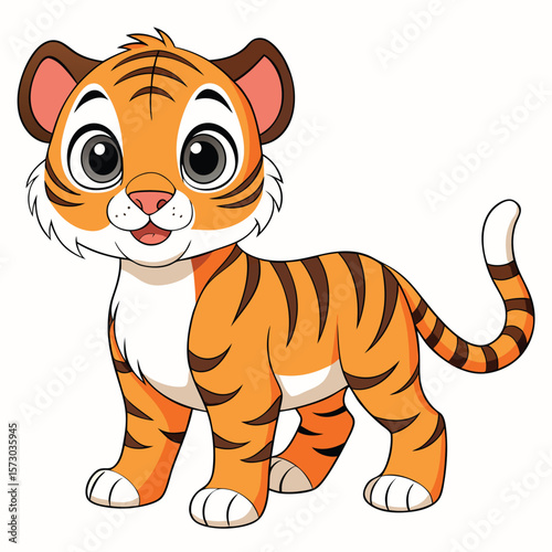 A cute cartoon tiger standing and smiling on a white background