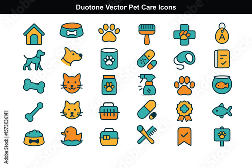 Duotone Vector Pet Care Icons for Apps and Websites