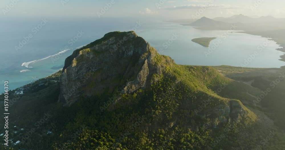 Aerial view of le mourne mountain and coastline, Mauritius.