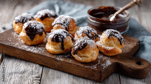 Homemade cream puffs with chocolate glaze and powdered sugar on rustic wooden cutting board perfect for dessert menus, baking visuals and sweet food advertising