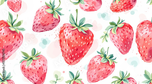  Watercolor pattern strawberries on white background
