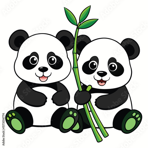 Two adorable panda bears are holding a bamboo branch together