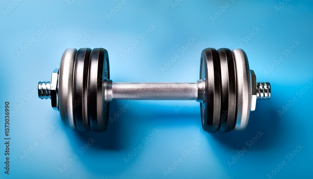 Fototapeta premium a silver dumbbell with a black grip sits on a light blue surface it s for working out and getting stronger