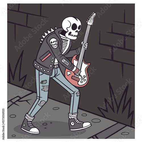 A cool skeleton punk rocker with ripped jeans and a leather jacket plays a red electric guitar on a city sidewalk with a brick wall behind him