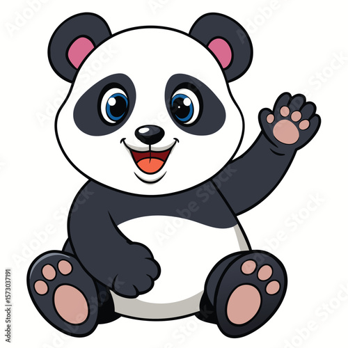 A happy panda bear is waving its hand with a cheerful expression