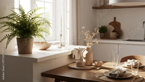calm and cozy kitchen corner with soft natural lighting and simple table setup for peaceful moments