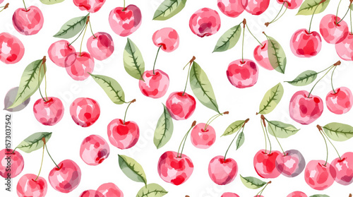 Watercolor background pattern cherries on white background
