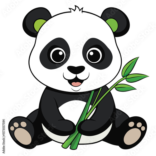 A cute panda bear is sitting and holding bamboo shoots in its paws