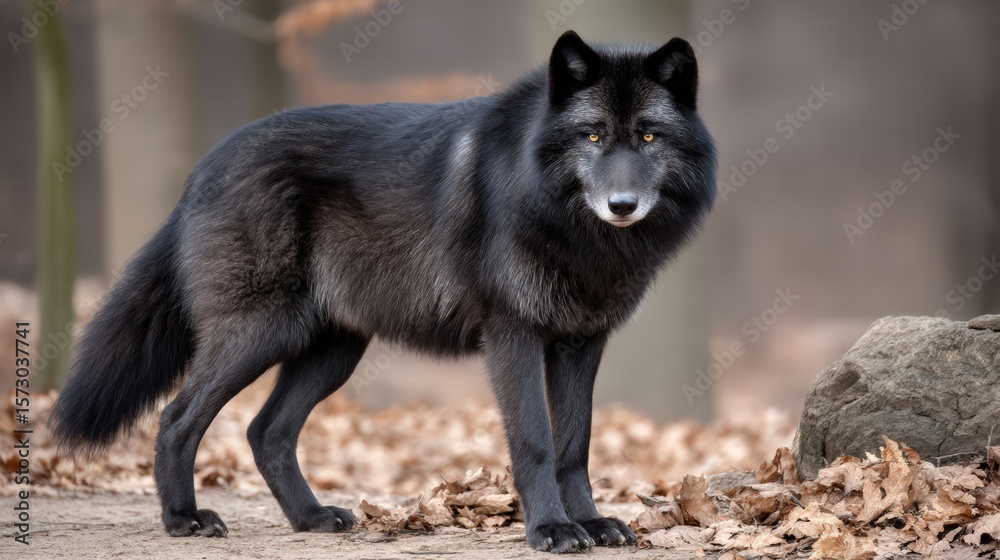 Fototapeta premium Majestic wolf standing proudly in the woods surrounded by trees and nature with eyes full of strength and wild spirit
