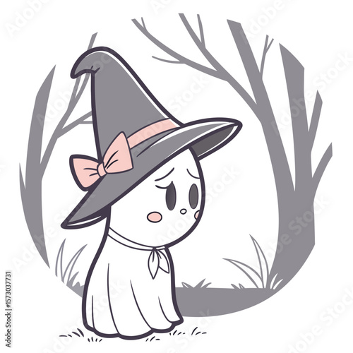A sad little ghost wearing a witch hat with a pink bow and a scarf stands in a spooky forest with bare trees and grass