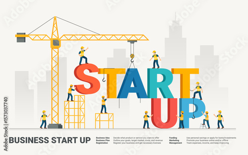 Infographic diagram template for a business start up with construction crane construction. Vector illustration.