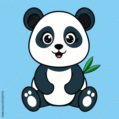 A cartoon panda bear is sitting and holding a bamboo branch