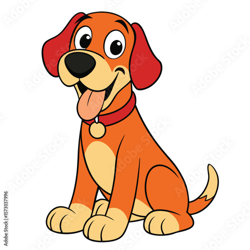 A cheerful cartoon dog is sitting with its tongue sticking out