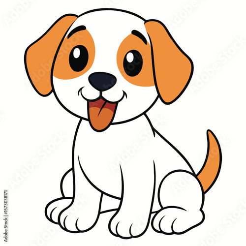 A playful cartoon puppy is sitting with its tongue out