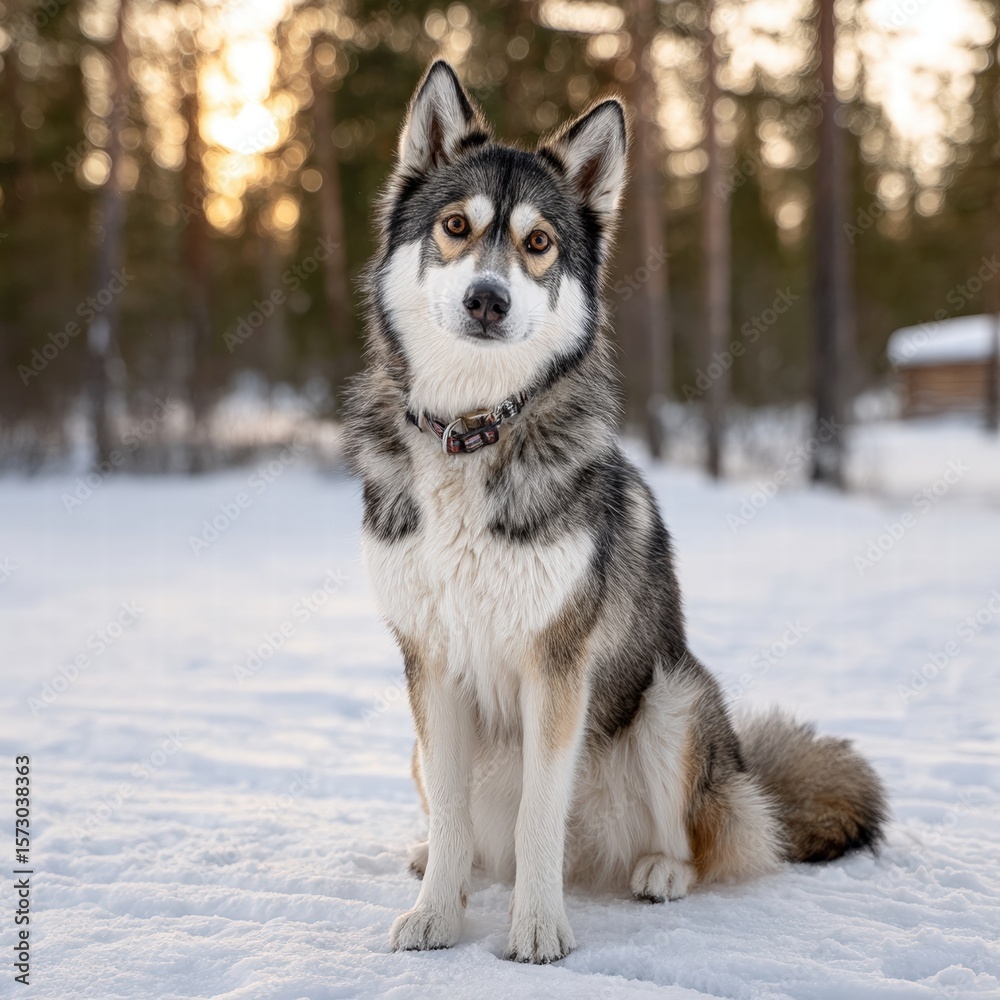 Fototapeta premium Majestic siberian husky sitting elegantly in the snow with striking blue eyes enhancing the beauty of the winter landscape