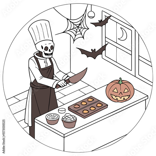 A spooky skeleton chef wearing a chef hat and apron is preparing halloween treats in a kitchen decorated with spiderwebs and bats flying outside the window