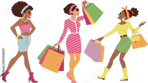 Shopping Girls. a stylish vector illustration of three fashionable young women shopping. Each woman should have a distinct outfit and pose, holding multiple colorful shopping bags.