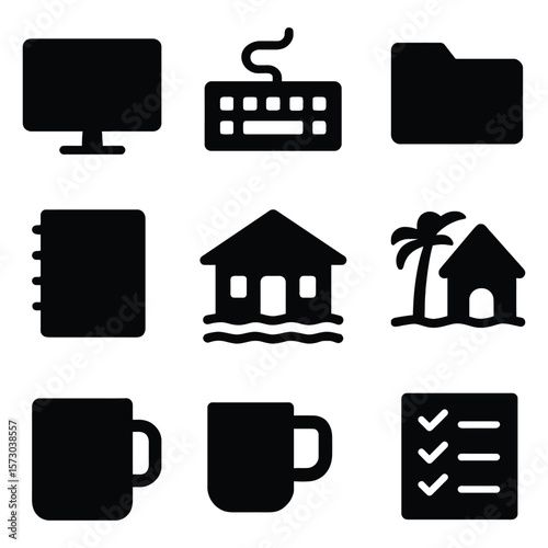 Computer keyboard folder notebook beach huts mugs checklist