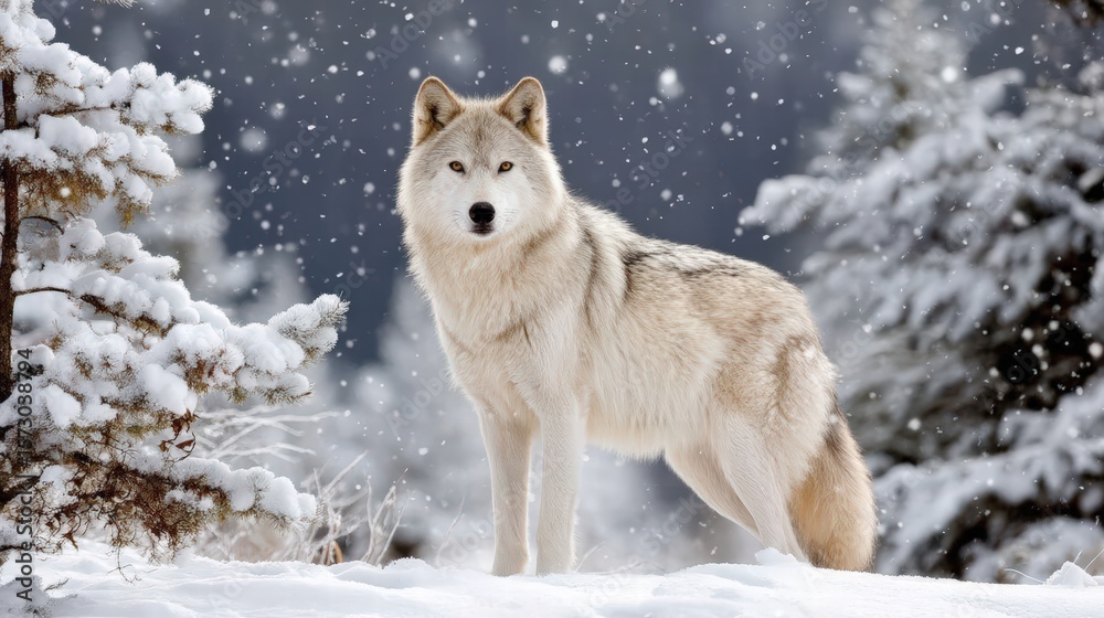 Naklejka premium Majestic wolf standing in the snowy wilderness with a powerful presence and beautiful white fur in winter scenery
