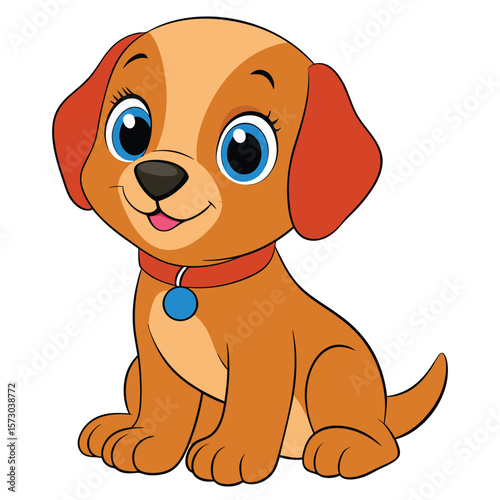 A charming cartoon puppy sits patiently with bright blue eyes