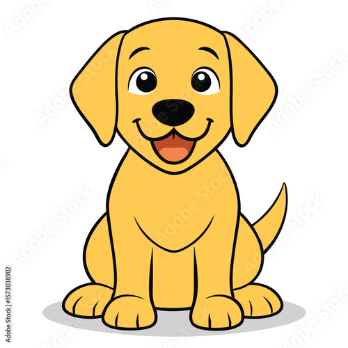 A cheerful yellow cartoon puppy sits with a happy expression