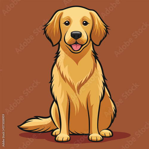 A golden retriever cartoon sits with a friendly smile
