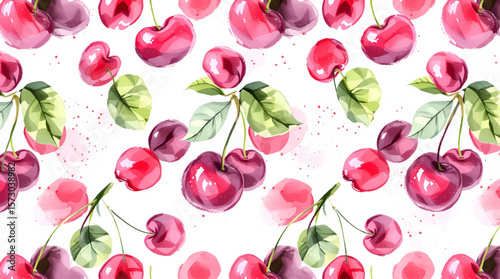 Watercolor background pattern cherries on white background
