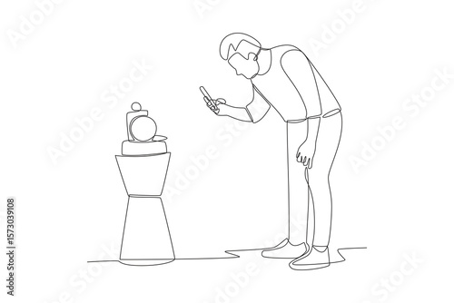 A man photographing historical objects in a museum. Visiting museums concept one-line drawing