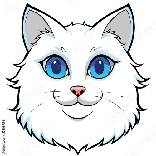A fluffy white cat with bright blue eyes stares intently