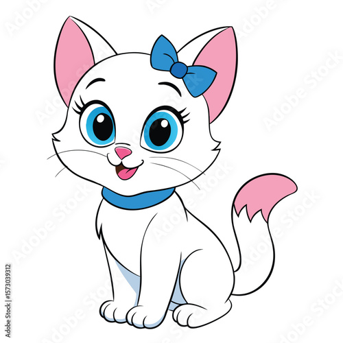 A sweet white kitten with a blue bow sits politely