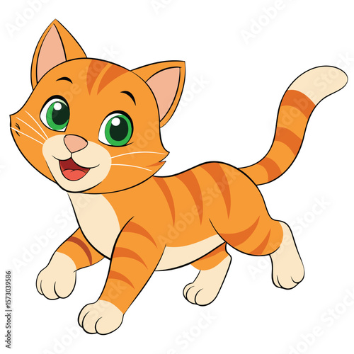 A cute orange tabby kitten is playfully walking with a happy expression