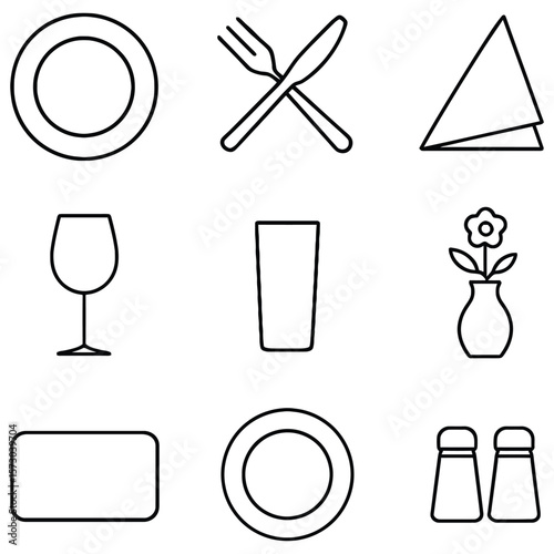 Dining elements plate fork knife glass vase salt pepper