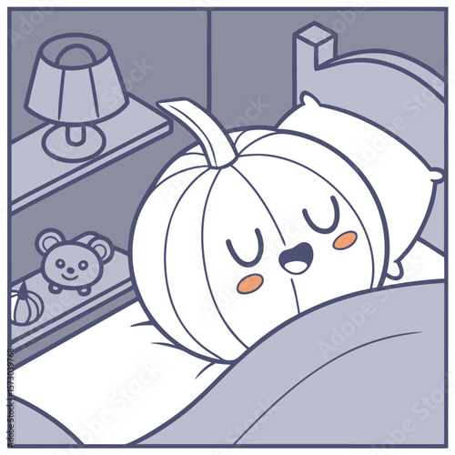 Adorable kawaii pumpkin character sleeping peacefully in a cozy bed with a teddy bear and lamp on the nightstand evoking comfort and sweet dreams