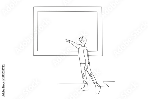 A boy points to a painting in a museum. Visiting museums concept one-line drawing
