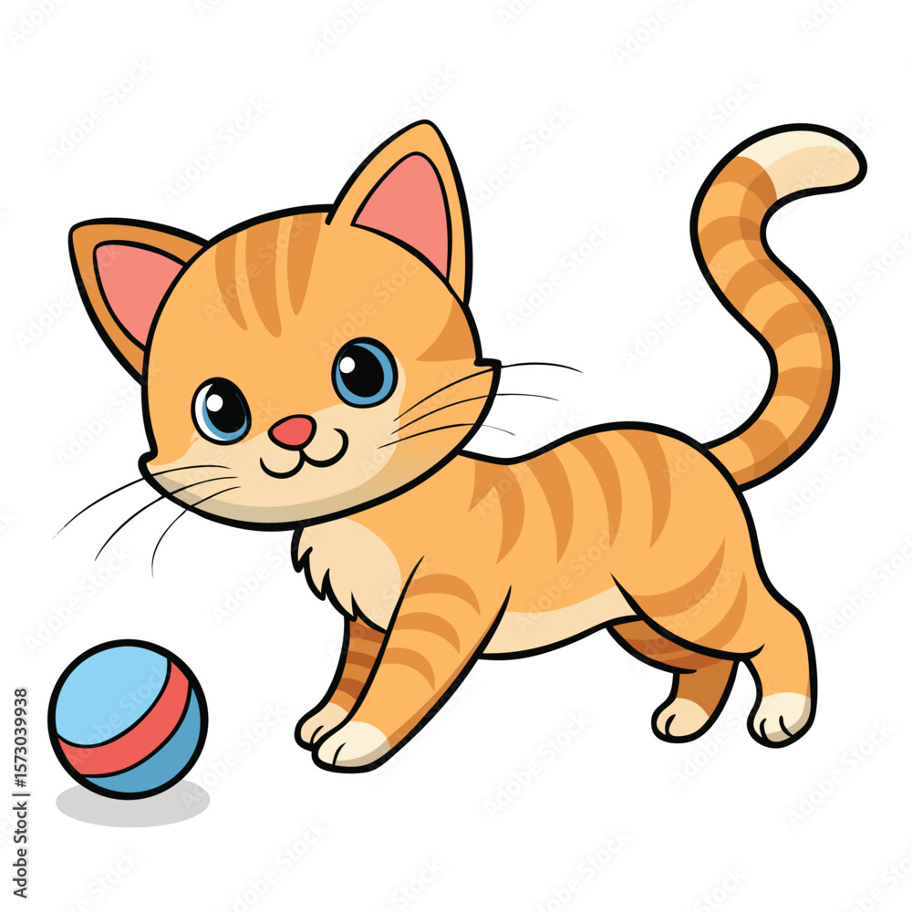 Obraz premium A playful orange tabby kitten is ready to pounce on a ball