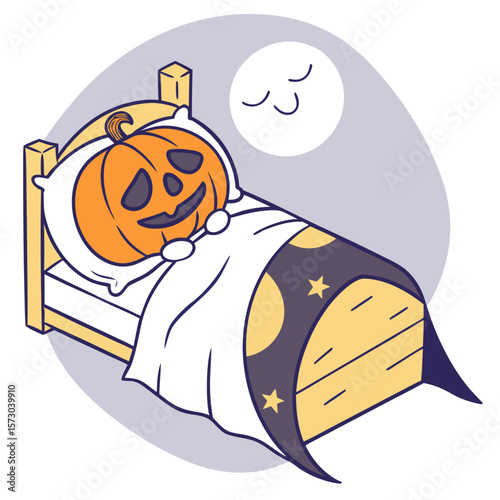 A whimsical illustration of a smiling jack o lantern character peacefully sleeping in a cozy bed under a starry night sky and crescent moon perfect for halloween themes and children s designs